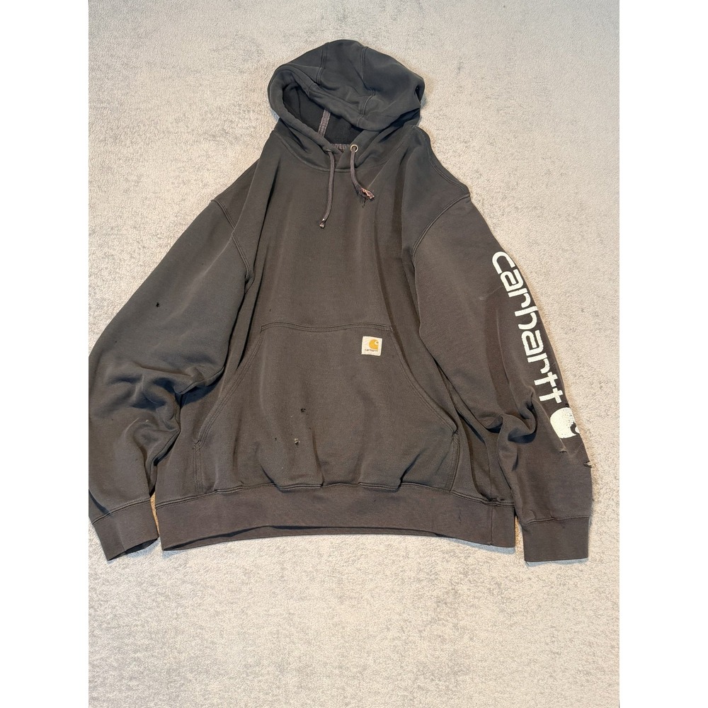 Carhartt Hoodie Sweatshirt Mens Large Black Pullover Fleece Sleeve Logo Graphic